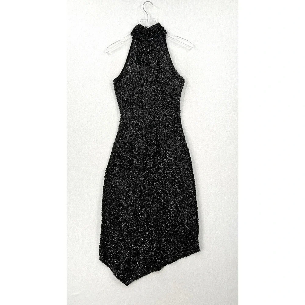 CIEBON Signy Sequin Asymmetrical Gown Womens Small Black Halter Midi Sleeveless - Picture 4 of 16